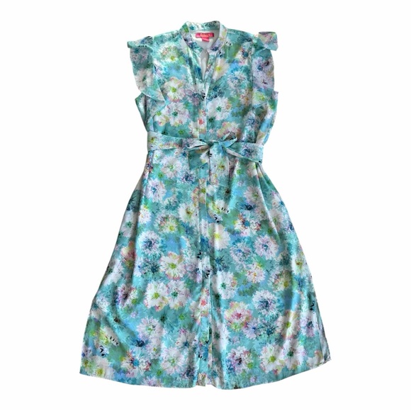 Catherine Malandrino Dresses & Skirts - Catherine Malandrino Floral Midi Dress Large Ruffle Belted Pastel Blue Green